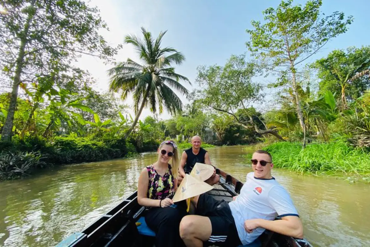 Enjoy a peaceful boat ride through the lush waterways of the Mekong Delta, where visitors glide along narrow canals surrounded by tropical greenery. This immersive experience offers a glimpse into rural life, with tranquil scenery, shaded palm trees, and authentic local culture—making it a must-do activity for travelers seeking nature and relaxation in southern Vietnam.