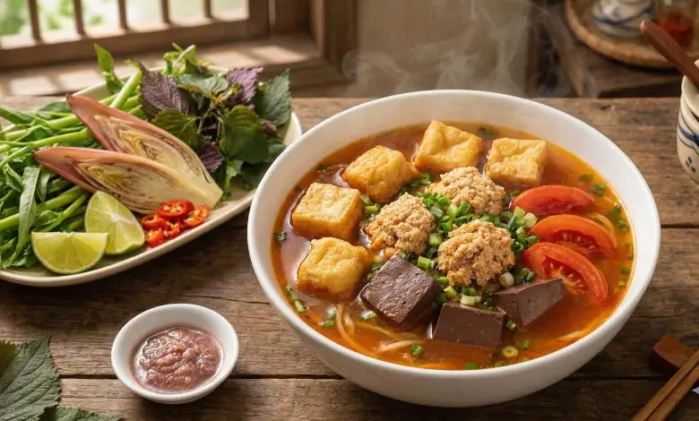Bun rieu cua, also locally known as “bun lac,” is a traditional Vietnamese crab noodle soup